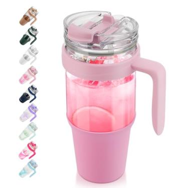 Imagem de Copo de vidro Tronco 1,2 l, com canudo articulado antivazamento e tampa de plástico, reutilizável, com alça, copo para café gelado, garrafas de água, compatível com porta-copos, perfeito para smoothie