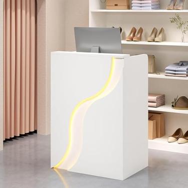 Imagem de Mesa de recepção moderna com balcão, mesa de recepção com luzes LED, balcão de recepção de varejo com gavetas, mesa de boas-vindas moderna para saguão, escritório, salão de beleza, branca 2,80 cm