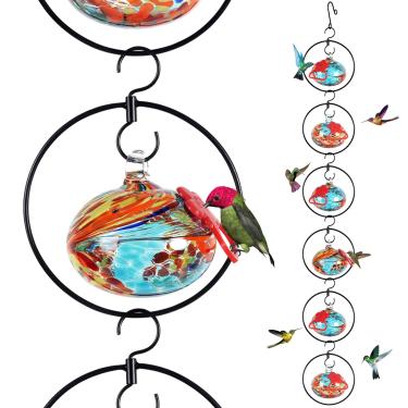 Imagem de Headak Life Alimentador flexível de beija-flor 6 circulares para pendurar ao ar livre à prova de formigas e abelhas, alimentador de beija-flor de vidro soprado à mão com 6 poleiros de silicone