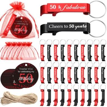 Imagem de Romooa 60 conjuntos de chaveiro abridor de cerveja de aniversário de 50 anos preto vermelho com sacos e cartões de agradecimento, lembranças de 50 anos para convidados (50º)