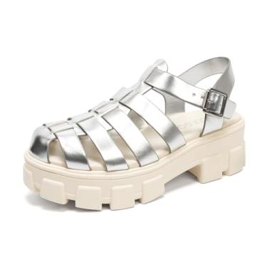 Imagem de Colgo Sandálias femininas plataforma plataforma salto bloco grosso fivela ajustável pescador sandálias para o verão, Prata, 40