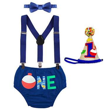 Imagem de Roupas para bebês meninos Cake Smash Wild One Crown para festa de 1º aniversário 4 peças, shorts gravata borboleta, suspensórios, roupas de pesca, azul royal 18-24 meses