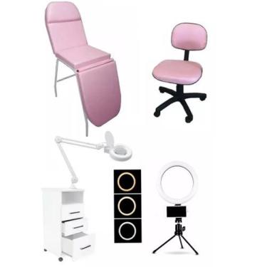 Imagem de Kit Estética Poltrona Maca Mocho à Gás Armário Lupa Led Luminária Ring