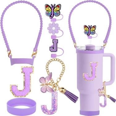 Imagem de ZYBIDEAL Conjunto de acessórios roxos de 8 peças para Stanley Cup, 3 peças de canudo de 10 mm, alça de silicone para garrafa de água, bota para Stanley 30 e 1,134 g, corrente com pingente de letra,