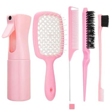 Imagem de 5 peças/conjunto escova desembaraçadora de cabelo rosa escova de peruca curva pente de cauda de rato conjunto de escova de cabelo de borda escova de cabelo cacheado suprimentos de cabeleireiro (rosa 5