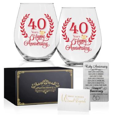 Imagem de Perfectinsoy Conjunto de 2 taças de vinho 40 Years Happy Anniversary com cartão de memória metálico, de 40 anos para pais, esposa, alma gêmea, casal, presente de marco