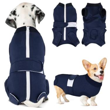 Imagem de Lukovee Terno de recuperação para cães, terno de recuperação com zíper para cães machos, macacão com cone de ferimentos abdominais alternativo para evitar lamber Spay Recovery Suit (G, azul escuro)