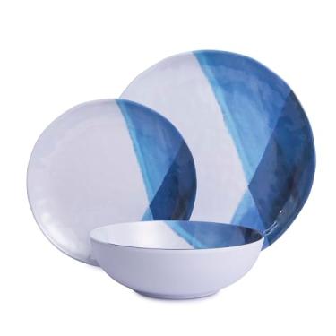 Imagem de Conjunto de pratos e tigelas de melamina – Conjunto de 12 peças de louça para 4, pratos de jantar para uso interno e externo, leve, resistente a quebras, azul e branco