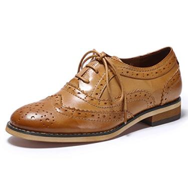 Imagem de Mona flying Sapato feminino de couro perfurado com cadarço Oxfords Brogue Wingtip Derby para mulheres, Marrom 2, 40 BR