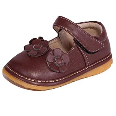 Imagem de Little Mae's Boutique Sapatos Mary Jane Brancos, Pretos, Marrom, Rosa ou Roxo Squeaky para Meninas Crianças, Tênis de Caminhada Ideal para Bebês, Tênis Removível, Brown 3 Flower, 7 Toddler