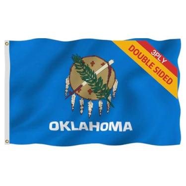 Imagem de Bandeira de Oklahoma com 3 camadas dupla face, 5 x 7 m, bandeiras do estado de Oklahoma para ambientes externos, cores vivas, todos os climas, bandeira de estado OK com costura dupla com ilhós de
