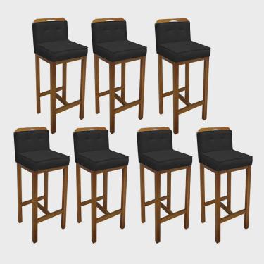 Imagem de Kit 07 Banqueta Alta Com Encosto Agnes Cozinha Balcão Bistrô Base Madeira Carvalho Suede Preto - Ahz Móveis