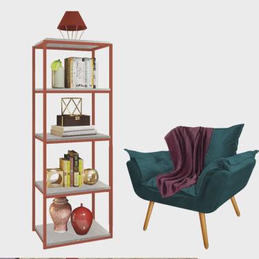 Imagem de Kit Poltrona Fatte com Manta Soft Bordô e Estante Livreiro Ferro Bronze mdf Marmorizado Cinza Suede Azul Turquesa - Ahazzo Móveis