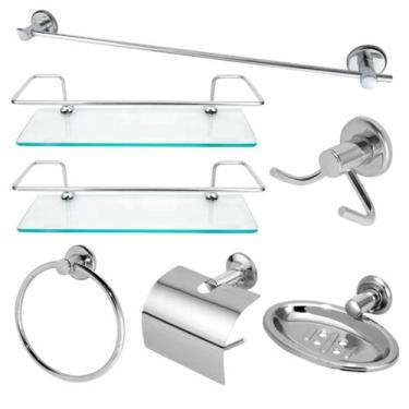 Imagem de Kit Acessórios Para Banheiro Aço Inox 5 Peças  2 Porta Shampoo Vidro R