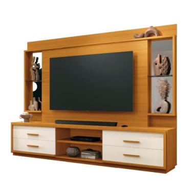 Imagem de Estante Home Theater com Espelho e Vidro Para TV Até 75 Polegadas 2,40m Leni Madeirado/Off White
