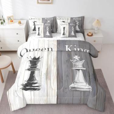 Imagem de Conjunto de edredom de xadrez internacional, tamanho king, 7 peças, para meninos e meninas, para meninos e meninas, prancha de madeira rústica retrô (edredom + lençol de cima + 2 fronhas + 2 fronhas