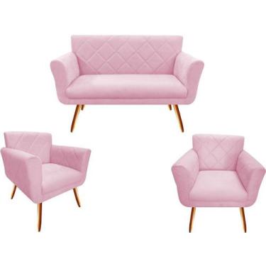 Imagem de Kit Namoradeira + 2 Poltronas Decorativa Sabrina Suede Rosa Bebê Pés M