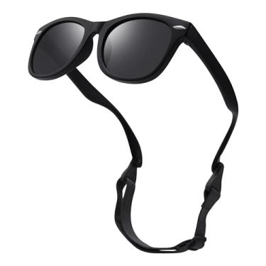 Imagem de LIU·WEN Óculos de sol polarizados fofos para bebês – Flexível dobrável com alça para recém-nascidos, meninos e meninas de 0 a 24 meses, A1 preto fosco/cinza, mdeium