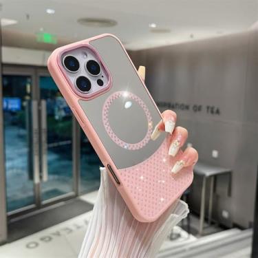 Imagem de Glitter Diamond Make Up Mirror Magnetic Phone Case para iPhone 15 14 11 12 13 16 Pro Max Plus Capa de carregamento sem fio, rosa, para iPhone 13 pro max