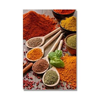 Imagem de Arte de parede colorida em tela para especiarias e colher de tempero | Decoração de cozinha vintage | Arte moderna para casa e sala de jantar (especiarias mistas 30). 80 x 120 cm - 31,5 x 47,3 pol sem