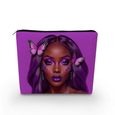 Imagem de YULUENZE Bolsa organizadora de lona pequena para mulheres afro-americanas com zíper borboleta roxa preta bolsa cosmética estética presente de aniversário para mulheres irmãs amigas, asnj0867, Samll