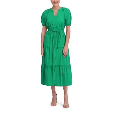 Imagem de Anne Klein Vestido midi feminino de manga bufante em camadas, Verde Egeu, M