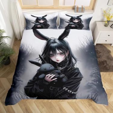 Imagem de Erosebridal Jogo de cama casal com estampa de coelho de desenho gótico, estampa de coelho, estilo exótico, capa de edredom para decoração de quarto, preto