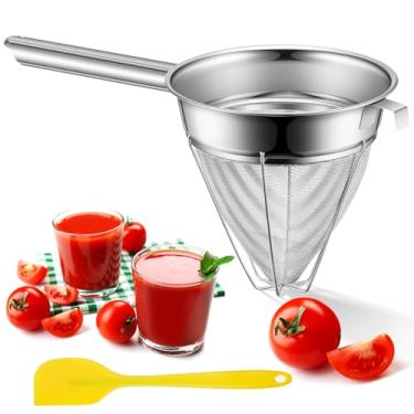 Imagem de SiliFine Peneira de caldo reforçada de aço inoxidável coador de malha fina com alça e pilão de borracha para cozinhar alimentos na cozinha (20 cm)