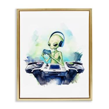 Imagem de Stupell Industries Arte de parede em tela flutuante com moldura dourada Tech Alien Playing Video Games, design de Lil' Rue, 63 x 78,9 cm