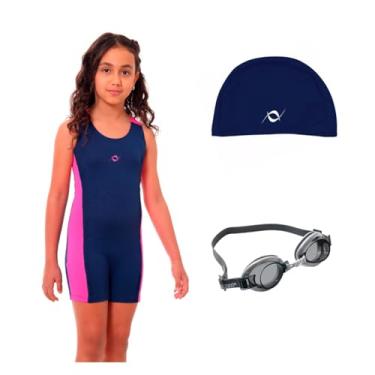 Imagem de Kit Maiô Perninha Infantil Juvenil Óculos UV Touca Tecido Infantil (Marinho/Pink - Touca Marinho, 10)