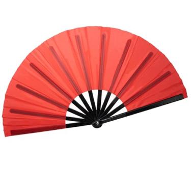 Imagem de QIRMIZI Grande leque dobrável de mão - Fãs de tecido de nylon - Fãs retrô vintage para kung fu chinês japonês, tai chi, dança, festivais de música, festas e decorações, vermelho