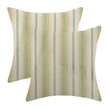 Imagem de Yxuiyal Conjunto de 2 capas de almofada Boho 45,7 x 45,7 cm com listras abstratas verdes amarelas abstratas decoração ao ar livre minimalismo moderno fronha decorativa casa de fazenda capa de almofada