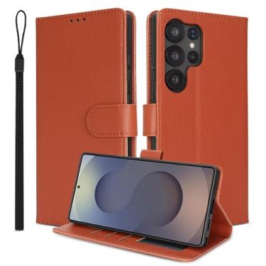 Imagem de HAO RIYLN Capa flip para Samsung Galaxy S25 Ultra/S25 Plus/S25, capa carteira de couro fecho magnético Folio Stand Capa de proteção RFID, marrom, S25plus