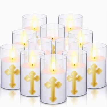 Imagem de Baquler 12 peças de vela de oração devocional LED sem chama, cruzada, sem chama, alimentada por bateria, castiçal de santuário de 7 dias, decoração religiosa para igreja, hospital, casa, altar de 7 x