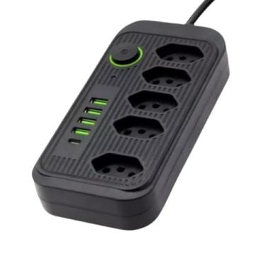 Imagem de Filtro de Linha 5 Tomadas, Extensão, Régua de Energia Elétrica, Cabo 2 Metros, 4 USB A e 1 USB-C, BiVolt 110-220V, Potência de 2500W e Carregamento Inteligente Premium