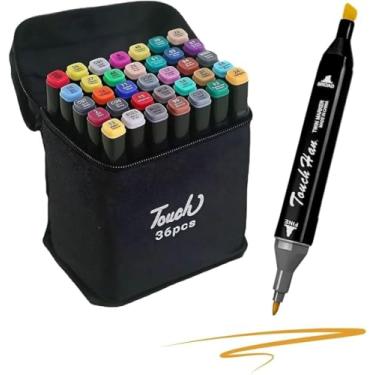 Imagem de Caneta Marcador 36 Cores Ponta Dupla Fina e Larga, com Estojo Porta-Canetas, para Colorir Desenho Profissional e Escolar, Conjunto de Canetinhas Marcadores Permanente (Cores preto ou branco)