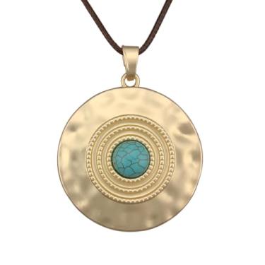 Imagem de Bjesinmo Colar boêmio feminino com pingente longo de couro, gargantilha renascentista com pingente de ouro, joia estilo hippie, Couro sintético, Sem Pedra Preciosa