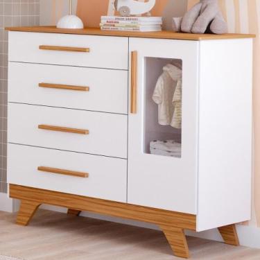 Imagem de Cômoda Infantil Retro 1 Porta 4 Gavetas MDF Faura, Amendoa/Branco