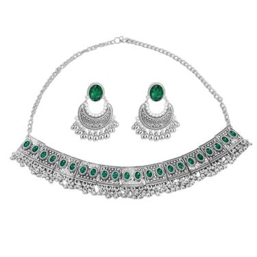 Imagem de Brincos pendentes de pérolas em forma de lua CZ com contas de zircônia cúbica indiana retangular gargantilha conjunto de colar para mulheres banhado a prata moda Boho Antique Bolloywood Jewelry, 18.5