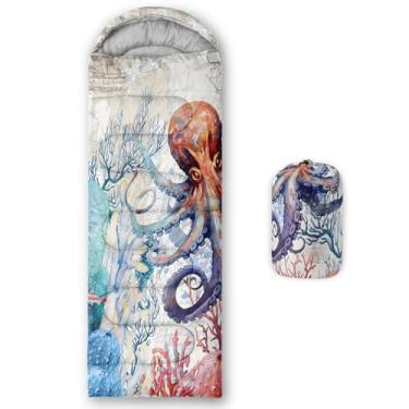 Imagem de AILONEN Sacos de dormir para meninos, polvo, à prova d'água, para acampamento, leve, clima quente e frio, sacos de dormir de animais do oceano para crianças, meninas, meninos, adultos, viagens