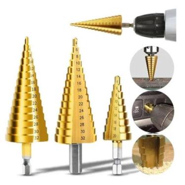 Imagem de Kit 3 Brocas Escalonada Aço Profissional Para 12mm/20mm/32mm - Pentech