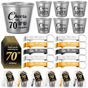 Imagem de Domensi 30 conjuntos de lembrancinhas de festa de 70 anos para convidados a granel incluem Cheers to 70 Years Copos curtos abridor de garrafas de cerveja chaveiros cartões de agradecimento com sacos