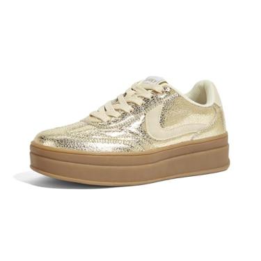 Imagem de LUCKY STEP Tênis feminino moderno plataforma retrô casual confortável sola grossa elegante tênis clássico, Dourado, 38