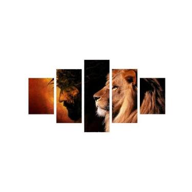 Imagem de Quadro Mosaico 5 Peças Horizontal Mdf Fita Dupla Face Leão - Spezialle