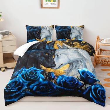 Imagem de AILONEN Jogo de cama solteiro, lobo preto e branco, edredom com estampa de lobo boho, rosa azul, estampa de lobo animal com 2 fronhas, 3 peças