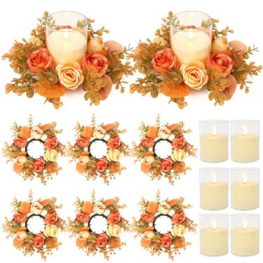 Imagem de ACMEE Anéis de vela rosa com conjuntos de velas sem chamas - 12 peças de flores artificiais eucalipto casamento centro de mesa porta-velas de 7,6 cm para decoração de festa de casamento (conjunto com