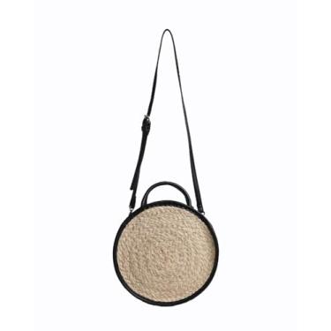 Imagem de SHAREYOIU Bolsa feminina de palha redonda de tecido natural bolsa de praia, Preto
