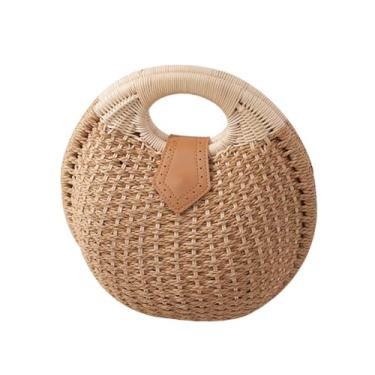 Imagem de SHAREYOIU Linda bolsa de mão feita à mão de palha de vime natural chique feminina com alça superior, Caqui