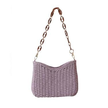 Imagem de SHAREYOIU Handwove Bolsa de ombro de palha natural cor doce bolsa de praia, Roxa