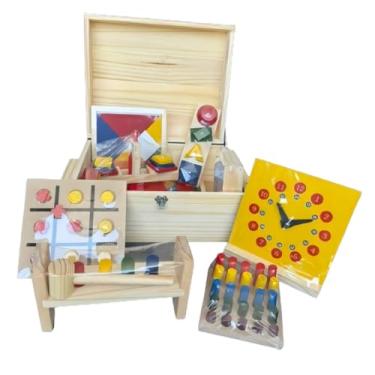 Imagem de Kit Educativo de Madeira com Jogos Múltiplos, Brinquedo Montessori com Blocos Coloridos, Relógio e Jogo da Velha